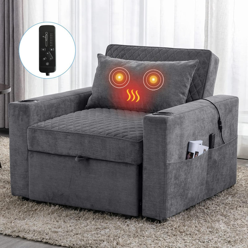 JONPONY Convertible Sleeper Chair Bed with Massage and Heat Pillow, 3 in 1 Sleeper Multi-Functional Chair Sofa Bed for Drawing Room,Bedroom for Adult