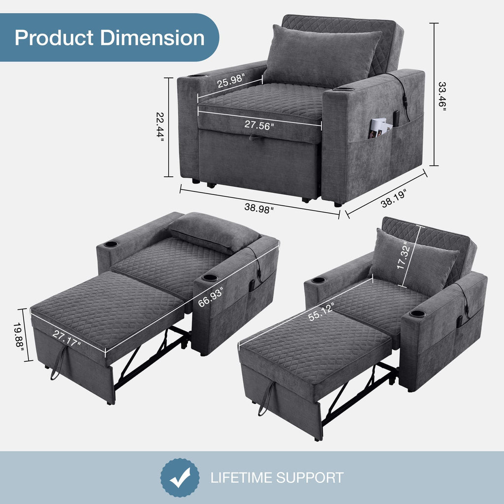 JONPONY Convertible Sleeper Chair Bed with Massage and Heat Pillow, 3 in 1 Sleeper Multi-Functional Chair Sofa Bed for Drawing Room,Bedroom for Adult
