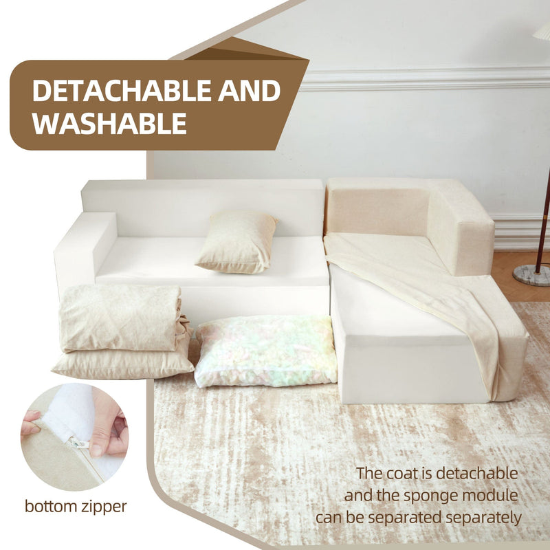 JONPONY L Shape Sofa, 2 Pcs Anti-Slip Sofa for 3 + 3 Seaters Chaise Cushion Couch with Pillowcases, Living Room foam sofa free installation