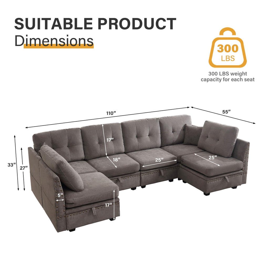 JONPONY Vintage Modular Sectional Sofa, Convertible U Shaped Sofa Couch with Storage, Memory Foam,Copper Nail Modular Sectionals with Ottomans 6 Seat Sofa Couch with Chaise for Living Room